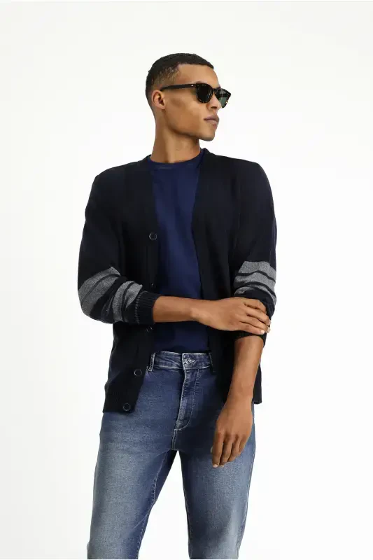 Wool Blend Patterned Knit Cardigan-Navy - 2