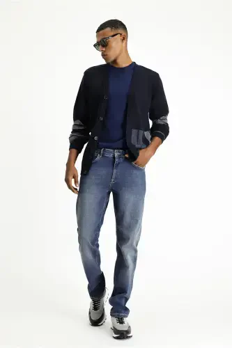 Wool Blend Patterned Knit Cardigan-Navy - 3