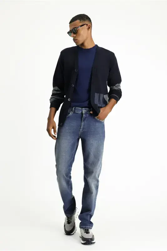 Wool Blend Patterned Knit Cardigan-Navy - 3