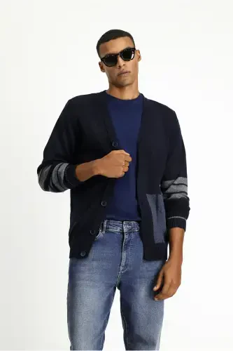 Wool Blend Patterned Knit Cardigan-Navy - 4