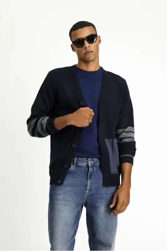 Wool Blend Patterned Knit Cardigan-Navy - 4