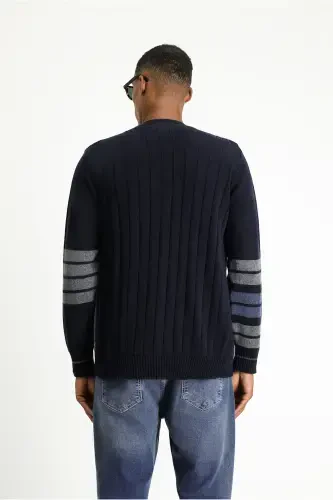 Wool Blend Patterned Knit Cardigan-Navy - 5