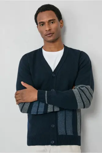 Wool Blend Patterned Knit Cardigan-Navy 