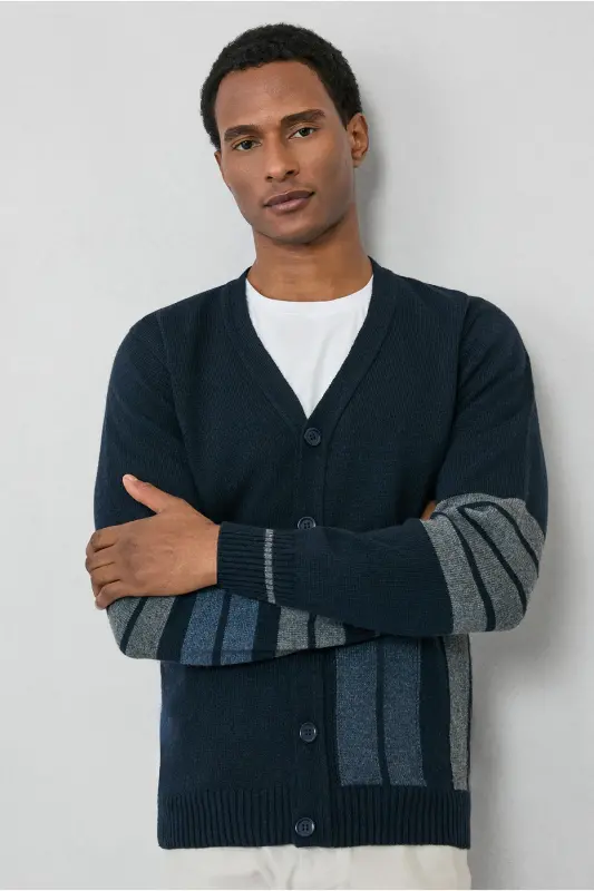 Wool Blend Patterned Knit Cardigan-Navy - KIĞILI