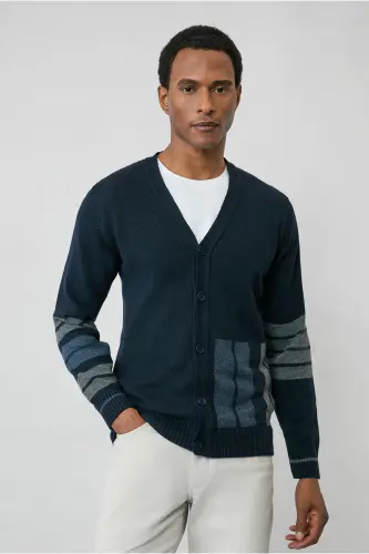 Wool Blend Patterned Knit Cardigan-Navy - 2