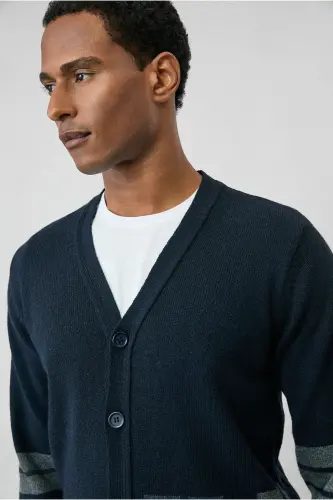 Wool Blend Patterned Knit Cardigan-Navy - 3