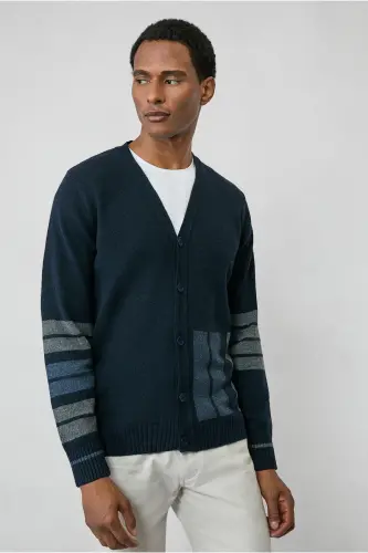 Wool Blend Patterned Knit Cardigan-Navy - 4
