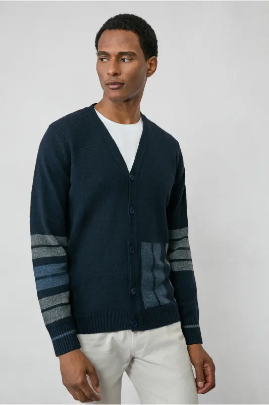 Wool Blend Patterned Knit Cardigan-Navy - 4