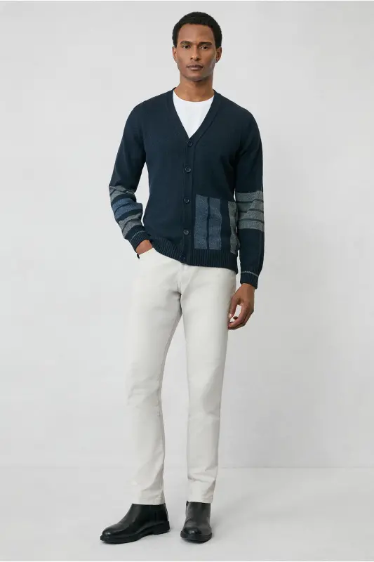 Wool Blend Patterned Knit Cardigan-Navy - 6