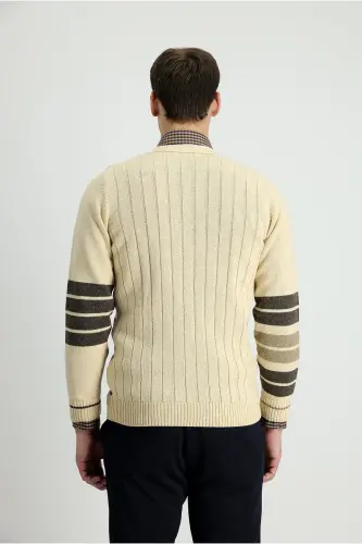 Wool Blend Patterned Knit Cardigan - Stone Color - 3
