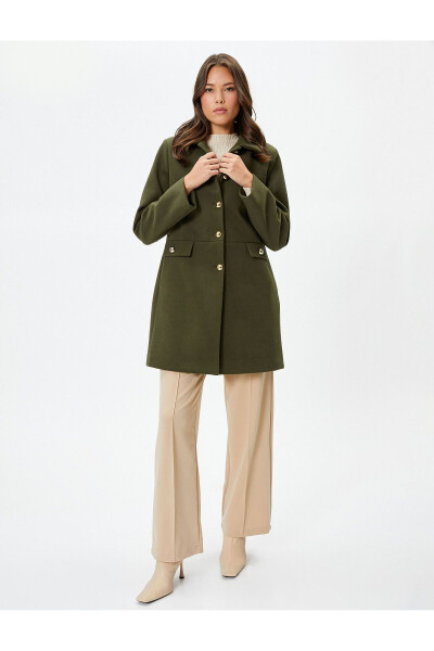 Wool coat with gold buttons, turn-down collar and pockets. - 10