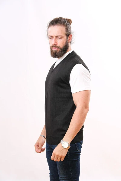 Wool Sleeveless Knit Sweater - Black - 3