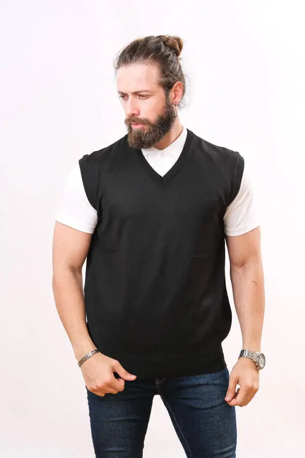 Wool Sleeveless Knit Sweater - Black - 1