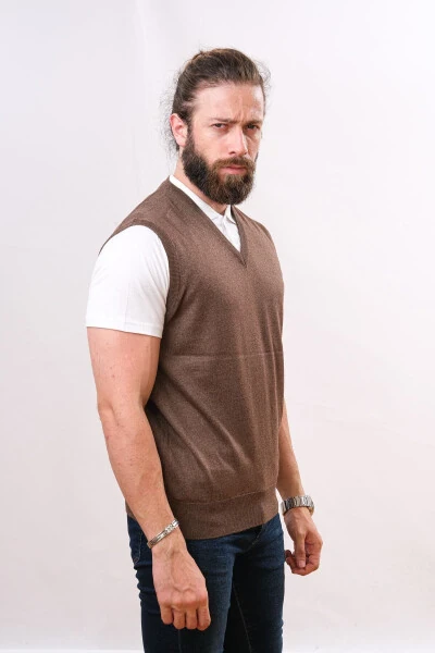 Wool Sleeveless Knit Sweater - Brown - 3