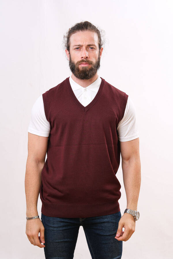 Wool Sleeveless Knit Sweater - Burgundy - 1