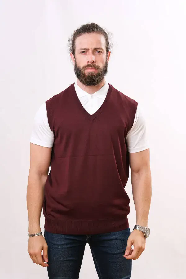 Wool Sleeveless Knit Sweater - Burgundy - 1