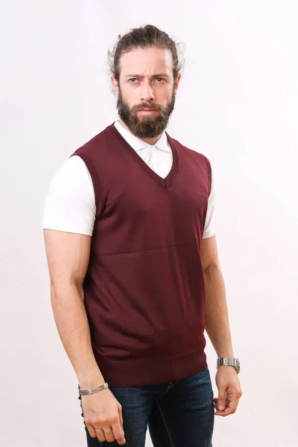 Wool Sleeveless Knit Sweater - Burgundy - 3