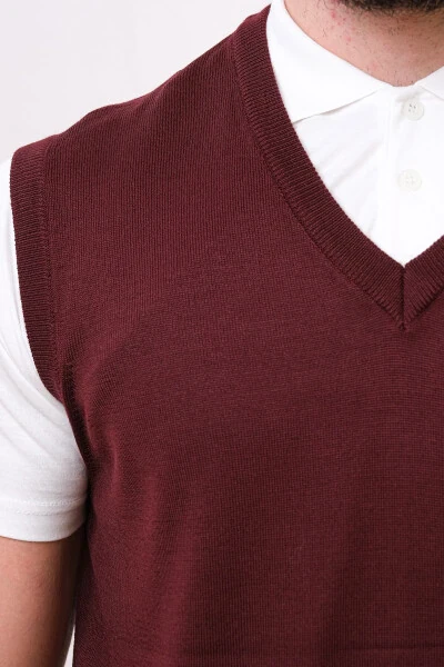 Wool Sleeveless Knit Sweater - Burgundy - 4