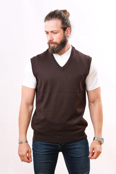Wool Sleeveless Knit Sweater - Dark Brown 
