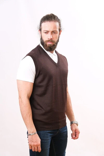 Wool Sleeveless Knit Sweater - Dark Brown - 3