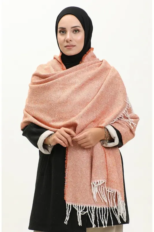 Wool Textured V Patterned Fringe Scarf/Shawl - Coral - NOVON