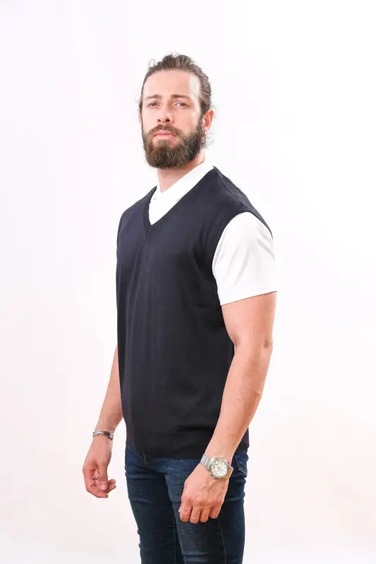 Woolen Sleeveless Knit Sweater - Navy-Navy - 2