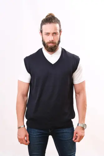 Woolen Sleeveless Knit Sweater - Navy-Navy - 4