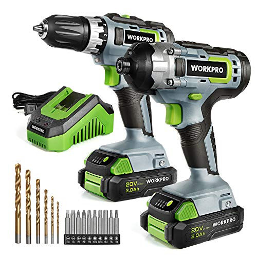 WORKPRO 20V Cordless Drill Combo Kit, Drill Driver and Impact Driver with 2x 2.0Ah Batteries and 1 Hour Fast Charger - 1