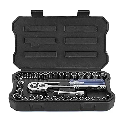 WORKPRO 39-Piece Drive Socket Set 1/4''3/8'', CR-V Metric and Imperial Sockets with Quick-Release Ratchet Wrench, Compact Sockets Set for Car Repair - 1