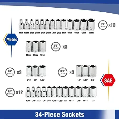 WORKPRO 39-Piece Drive Socket Set 1/4''3/8'', CR-V Metric and Imperial Sockets with Quick-Release Ratchet Wrench, Compact Sockets Set for Car Repair - 3