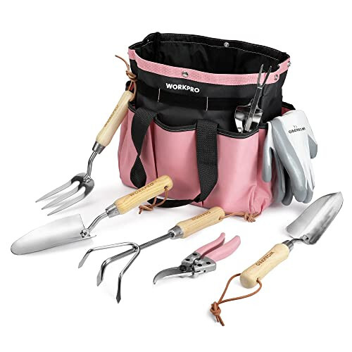 WORKPRO 8-Piece Pink Garden Tool Set, Stainless Steel Gardening Tools with Wood Handle, Including Garden Tote, Gloves, Trowel, Hand Weeder, Cultivator and More, Gardening Gifts For Women - Pink Ribbon - 1