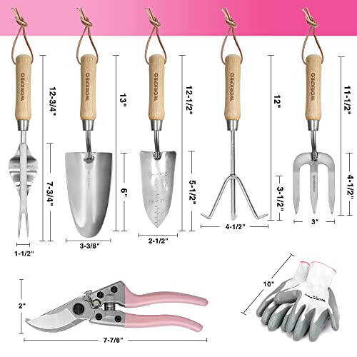 WORKPRO 8-Piece Pink Garden Tool Set, Stainless Steel Gardening Tools with Wood Handle, Including Garden Tote, Gloves, Trowel, Hand Weeder, Cultivator and More, Gardening Gifts For Women - Pink Ribbon - 3