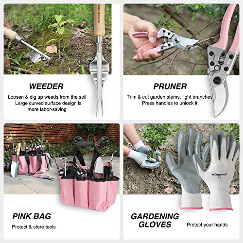 WORKPRO 8-Piece Pink Garden Tool Set, Stainless Steel Gardening Tools with Wood Handle, Including Garden Tote, Gloves, Trowel, Hand Weeder, Cultivator and More, Gardening Gifts For Women - Pink Ribbon - 5