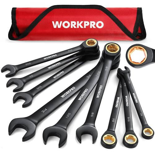 WORKPRO 9 dona Anti-Slip Ratcheting kaliti, SAE 1/4''-3/4'', 72 tishli, Cr-V, qora Ratcheting Kombinatsiya kaliti ro'lga o'rnatilgan sumka bilan - 1