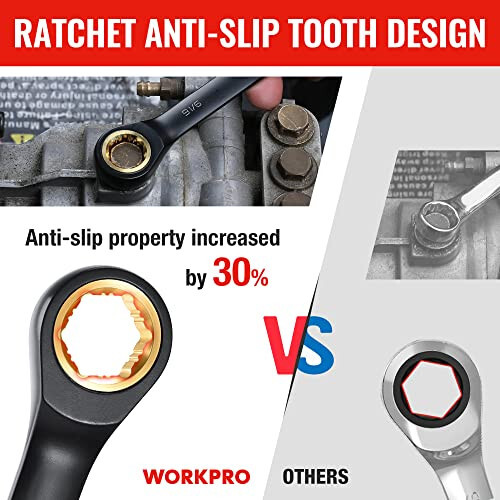 WORKPRO 9 dona Anti-Slip Ratcheting kaliti, SAE 1/4''-3/4'', 72 tishli, Cr-V, qora Ratcheting Kombinatsiya kaliti ro'lga o'rnatilgan sumka bilan - 2