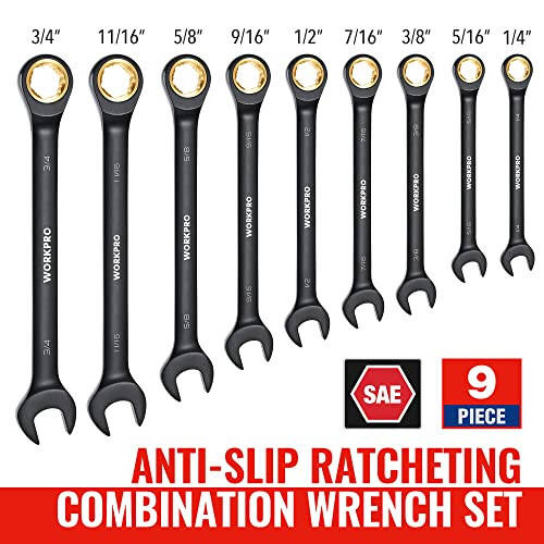 WORKPRO 9 dona Anti-Slip Ratcheting kaliti, SAE 1/4''-3/4'', 72 tishli, Cr-V, qora Ratcheting Kombinatsiya kaliti ro'lga o'rnatilgan sumka bilan - 5