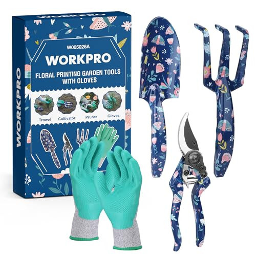 WORKPRO Aluminum Garden Tool Set, 4PCS Heavy Duty Hand Garden Tools with Box Include Trowel, Rake, Pruner, Garden Gloves, Floral and Insect Printing, Garden Gifts - 1