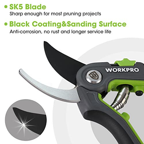 WORKPRO Bypass Pruning Shears, 8’’ Stainless Steel Gardening Hand Pruner, Professional Garden Trimming Scissors with Sharp SK5 Steel Blades, Ideal Garden Tool, Green - 2