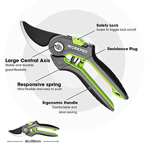 WORKPRO Bypass Pruning Shears, 8’’ Stainless Steel Gardening Hand Pruner, Professional Garden Trimming Scissors with Sharp SK5 Steel Blades, Ideal Garden Tool, Green - 3