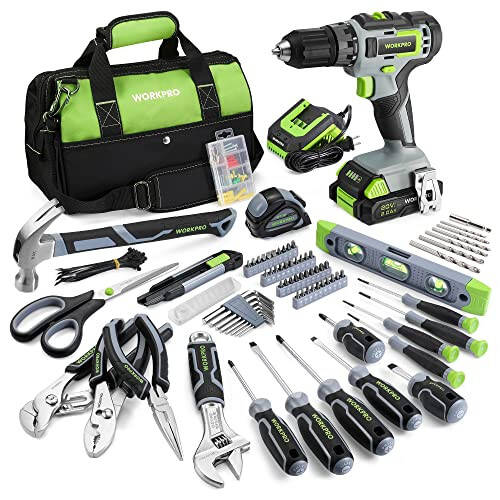 WORKPRO Home Tool Set with Power Drill, 157PCS Power Drill Sets with 20V Cordless Lithium-ion Drill Driver, Home Tool Kit for All Purpose, Cordless Drill Set Combo Kit With Tool Bag - 1