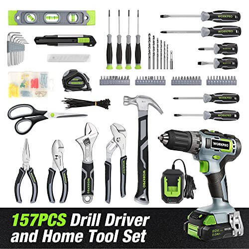 WORKPRO Home Tool Set with Power Drill, 157PCS Power Drill Sets with 20V Cordless Lithium-ion Drill Driver, Home Tool Kit for All Purpose, Cordless Drill Set Combo Kit With Tool Bag - 2