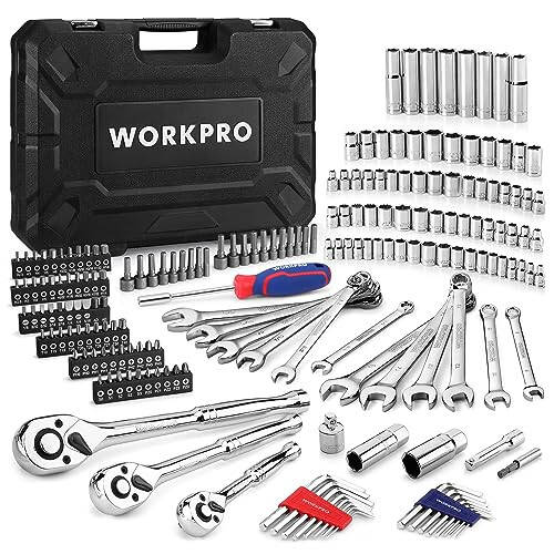 WORKPRO Mechanics Tools Kit and Socket Set, 192-Piece, SAE&Metric, 1/2'', 1/4'', 3/8'' Drive Socket Ratchet Wrench Set with Molded Case - 1