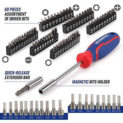 WORKPRO Mechanics Tools Kit and Socket Set, 192-Piece, SAE&Metric, 1/2'', 1/4'', 3/8'' Drive Socket Ratchet Wrench Set with Molded Case - 4