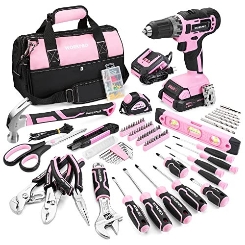 WORKPRO Pink Household Tool Kit with Drill, 157PCS Tool Set with 20V Cordless Lithium-ion Drill Driver, Home Tool Kit for All Purpose, Power Drill Sets with Pink Tool Bag - Pink Ribbon - 1