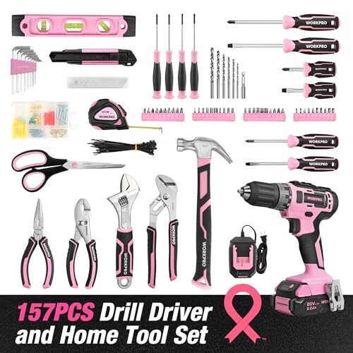 WORKPRO Pink Household Tool Kit with Drill, 157PCS Tool Set with 20V Cordless Lithium-ion Drill Driver, Home Tool Kit for All Purpose, Power Drill Sets with Pink Tool Bag - Pink Ribbon - 2