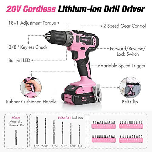 WORKPRO Pink Household Tool Kit with Drill, 157PCS Tool Set with 20V Cordless Lithium-ion Drill Driver, Home Tool Kit for All Purpose, Power Drill Sets with Pink Tool Bag - Pink Ribbon - 3