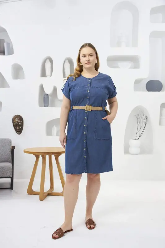 Woven Belt Detailed Plus Size Tencel Dress Blue - BÜYÜKBEDENIZ