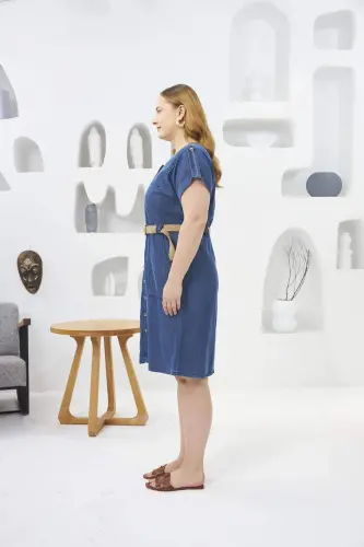 Woven Belt Detailed Plus Size Tencel Dress Blue - BÜYÜKBEDENIZ (1)