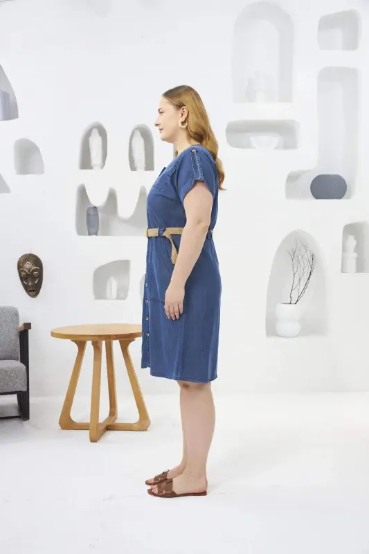 Woven Belt Detailed Plus Size Tencel Dress Blue - 2