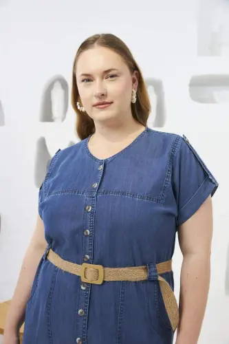 Woven Belt Detailed Plus Size Tencel Dress Blue - 3